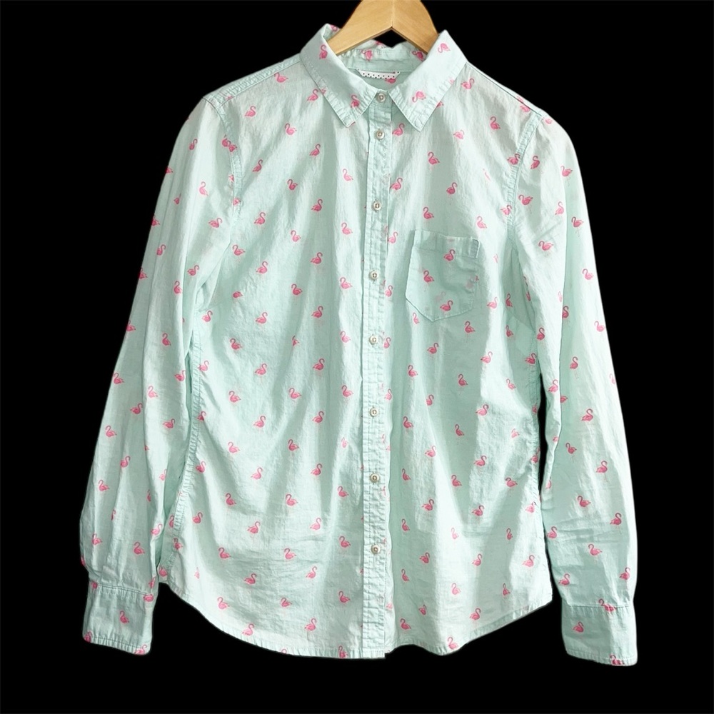 MERONA Women’s Button Down Flamingo Shirt Mint Green Pink Flamingos